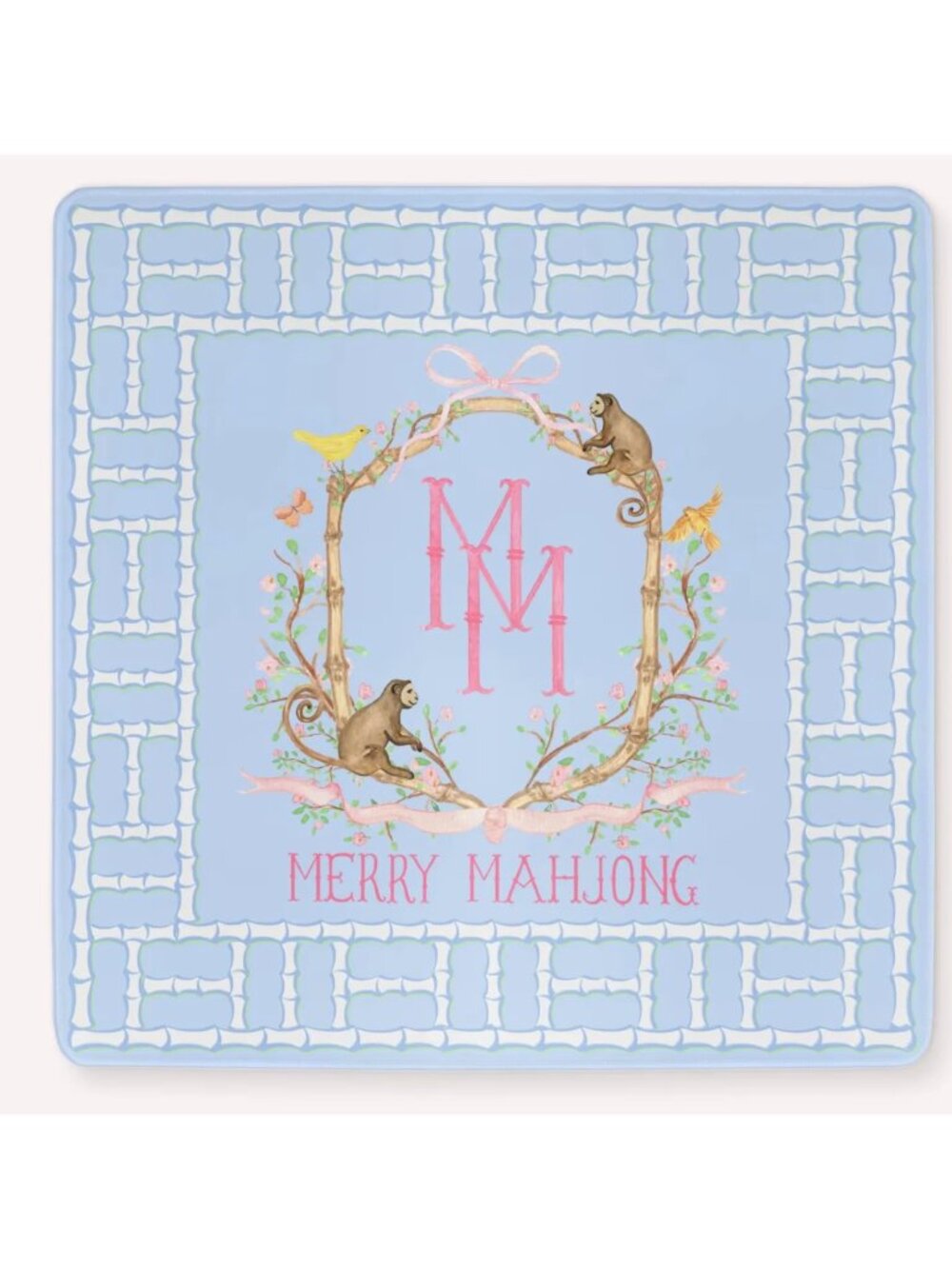 Bamboo Blossom Mahjong Table Mat – Blue Neoprene 33" x 33"